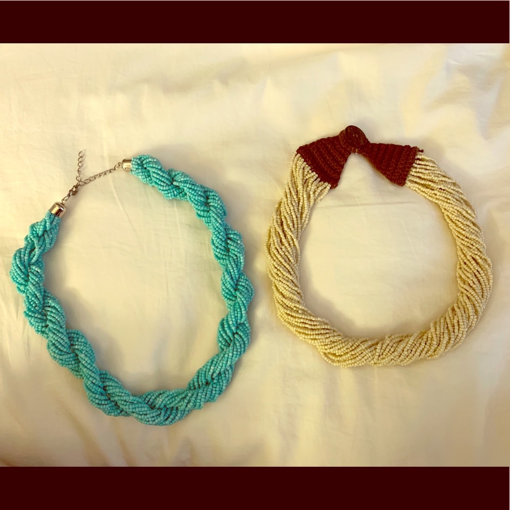 2 Seed Bead Statement Necklaces Turquoise Ivory